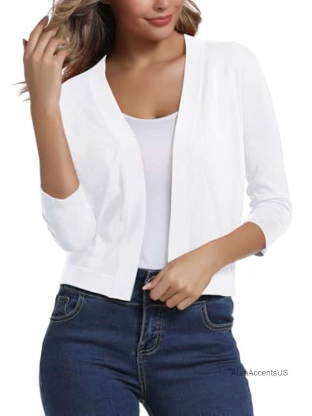 Women's Cropped Cardigan Shrug 3/4 Sleeve V-Neck Ribbed Knit Lightweight